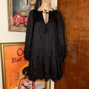 Cleobella Women's Black Bohemian Loose Fit Long Sleeve Tassel Tie Dress Size S